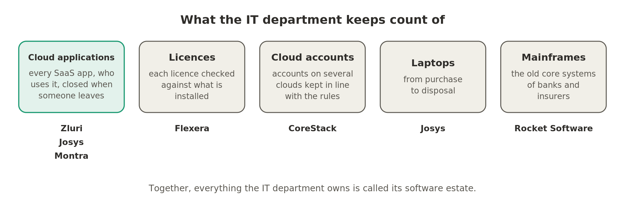 The software estate covers cloud applications, licences, accounts on several clouds, laptops from purchase to disposal, and the old mainframe systems of banks and insurers.