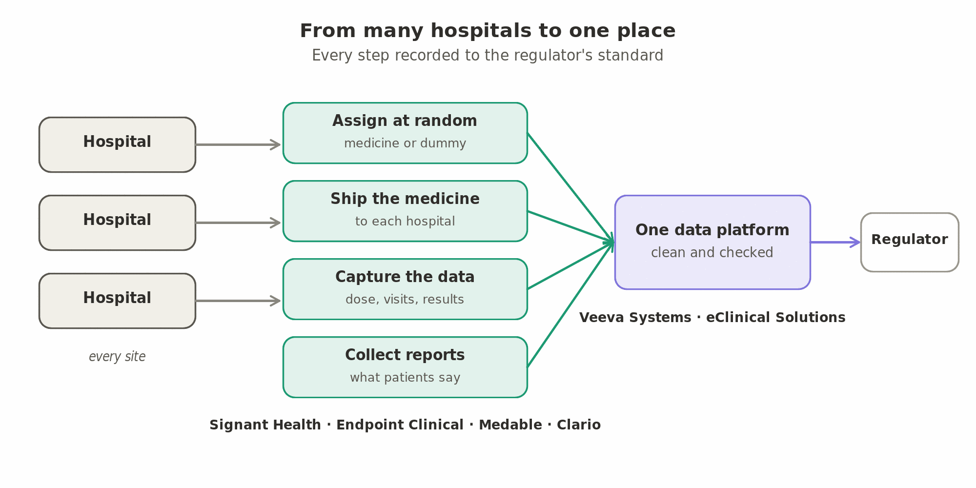 A trial's data comes from every hospital taking part: the software assigns each patient at random, ships the medicine, captures the data and collects what patients report (Signant Health, Endpoint Clinical, Medable, Clario), and a clinical data platform brings it into one place, clean and checked, for the regulator (Veeva Systems, eClinical Solutions).