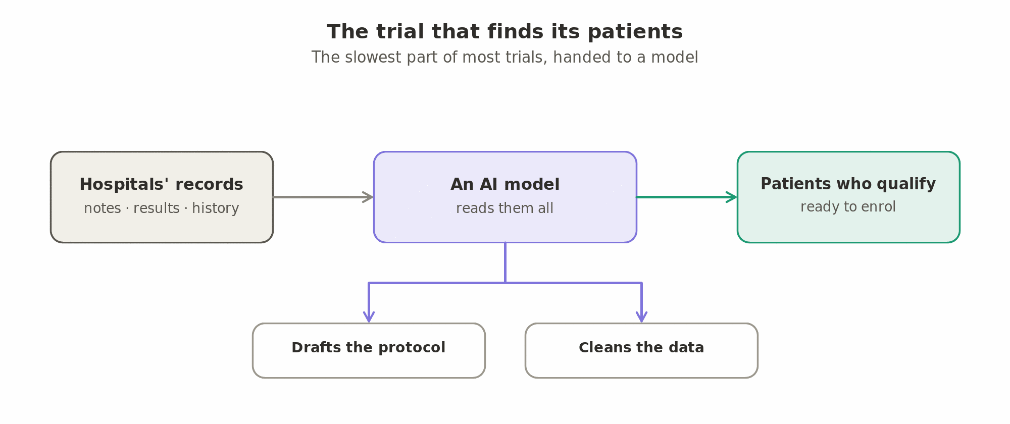 AI models read hospitals' records to find patients who qualify for a trial, the slowest part of most trials, and also draft the protocol and clean the data as it arrives.