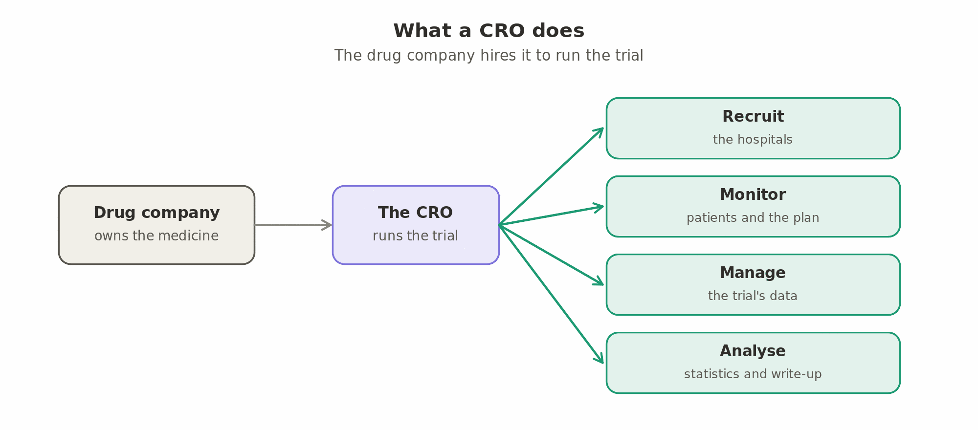 The drug company hires a CRO to run its trial, and the CRO recruits the hospitals, monitors the patients and the plan, manages the trial's data, and does the statistics and writes up the results.