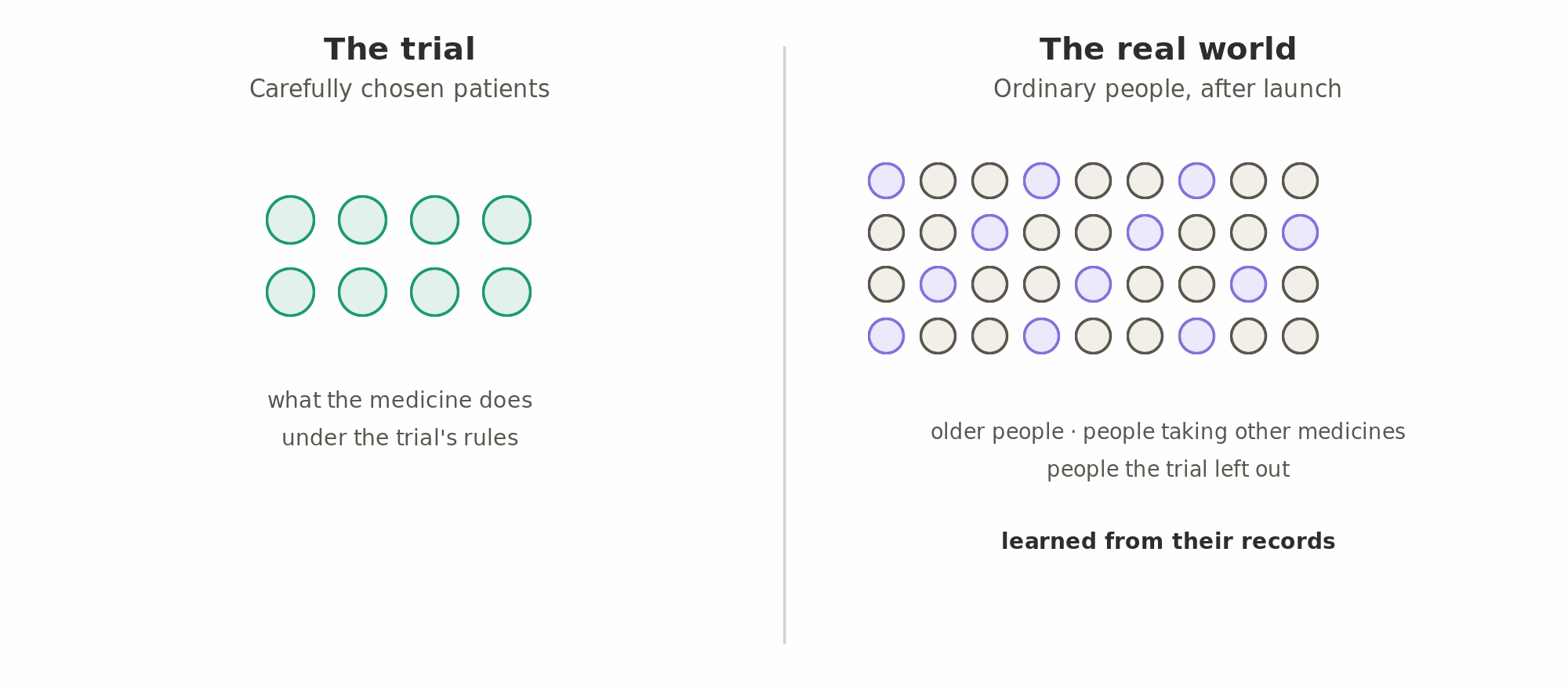 A trial shows what a medicine does in carefully chosen patients; what it does in ordinary people, older people, people taking other medicines and people the trial left out, is learned afterwards from their de-identified records.