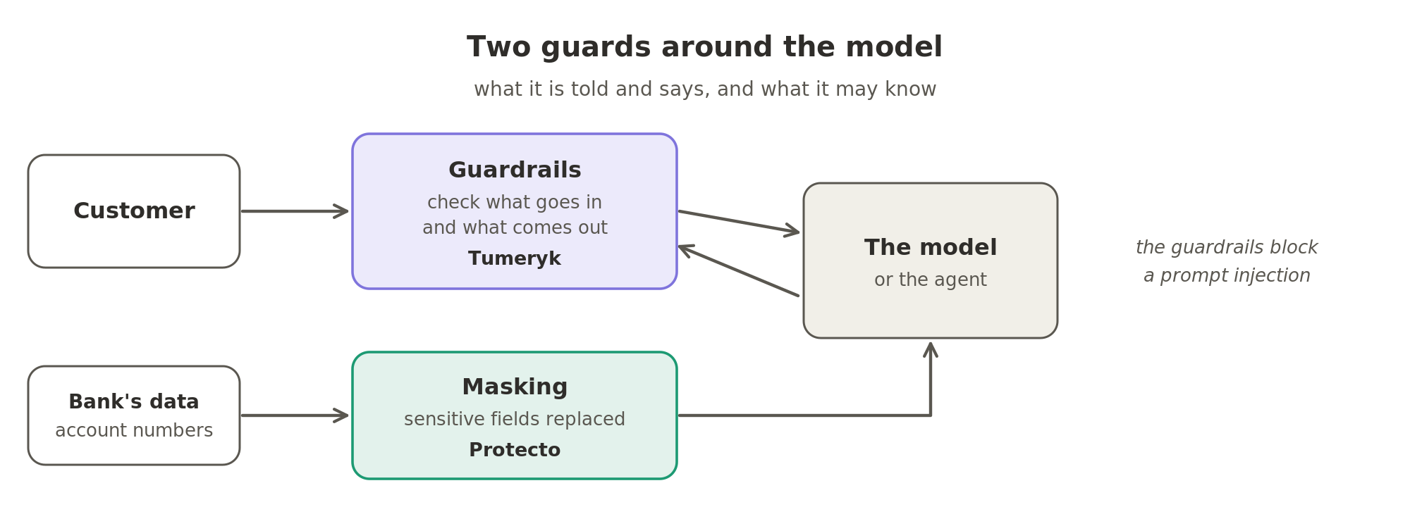 Two guards around the model. Guardrails, such as Tumeryk's, sit between the customer and the model and check what goes in and what comes out, so a prompt injection is blocked. Masking, such as Protecto's, replaces sensitive fields like the bank's account numbers before the model or the agent sees them.
